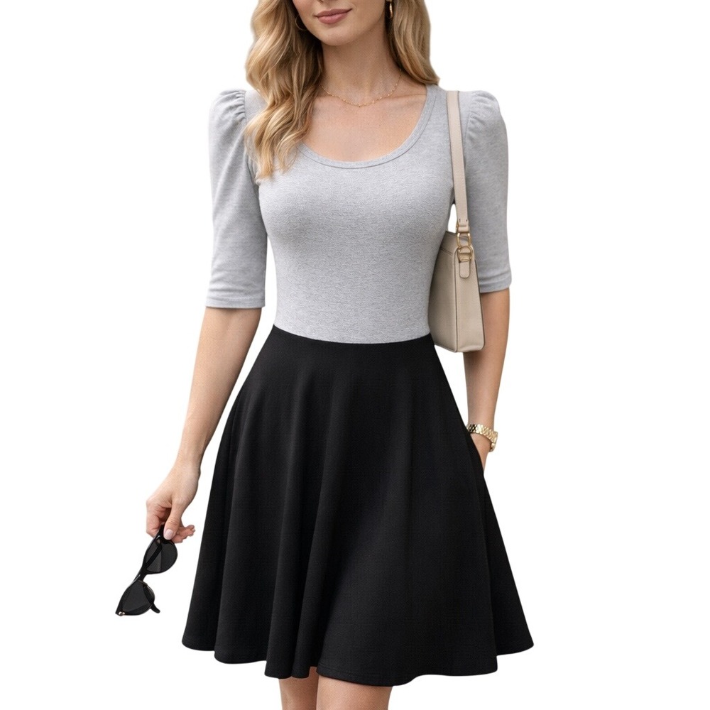 Minimalist Colorblock Scoop Neck 3/4 Sleeve Pullover Fit & Flare Midi Dressโ XS